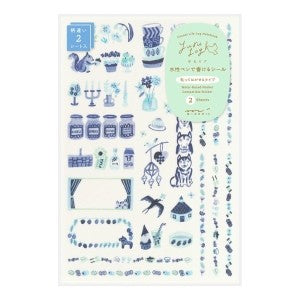 ＃ｼｰﾙ ゆるﾛｸﾞ 2枚入 青い北欧柄 ナチュラル 癒し系 水性ペン対応 デコレーション 文房具 ﾃﾞｻﾞｲﾝﾌｨﾙ･ﾐﾄﾞﾘ :4902805827034