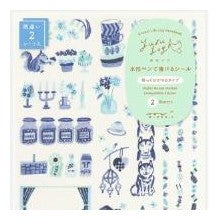 ＃ｼｰﾙ ゆるﾛｸﾞ 2枚入 青い北欧柄 ナチュラル 癒し系 水性ペン対応 デコレーション 文房具 ﾃﾞｻﾞｲﾝﾌｨﾙ･ﾐﾄﾞﾘ :4902805827034